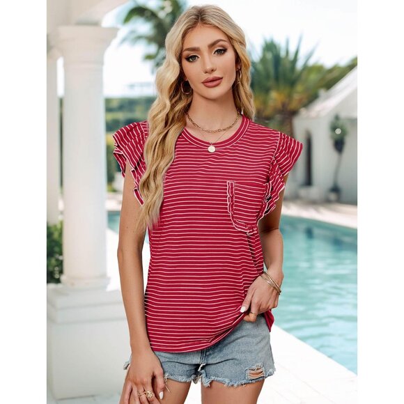 Women's Summer Striped T-Shirt Ruffle Short Sleeve Crew Neck Casual Blouse - Picture 4 of 6